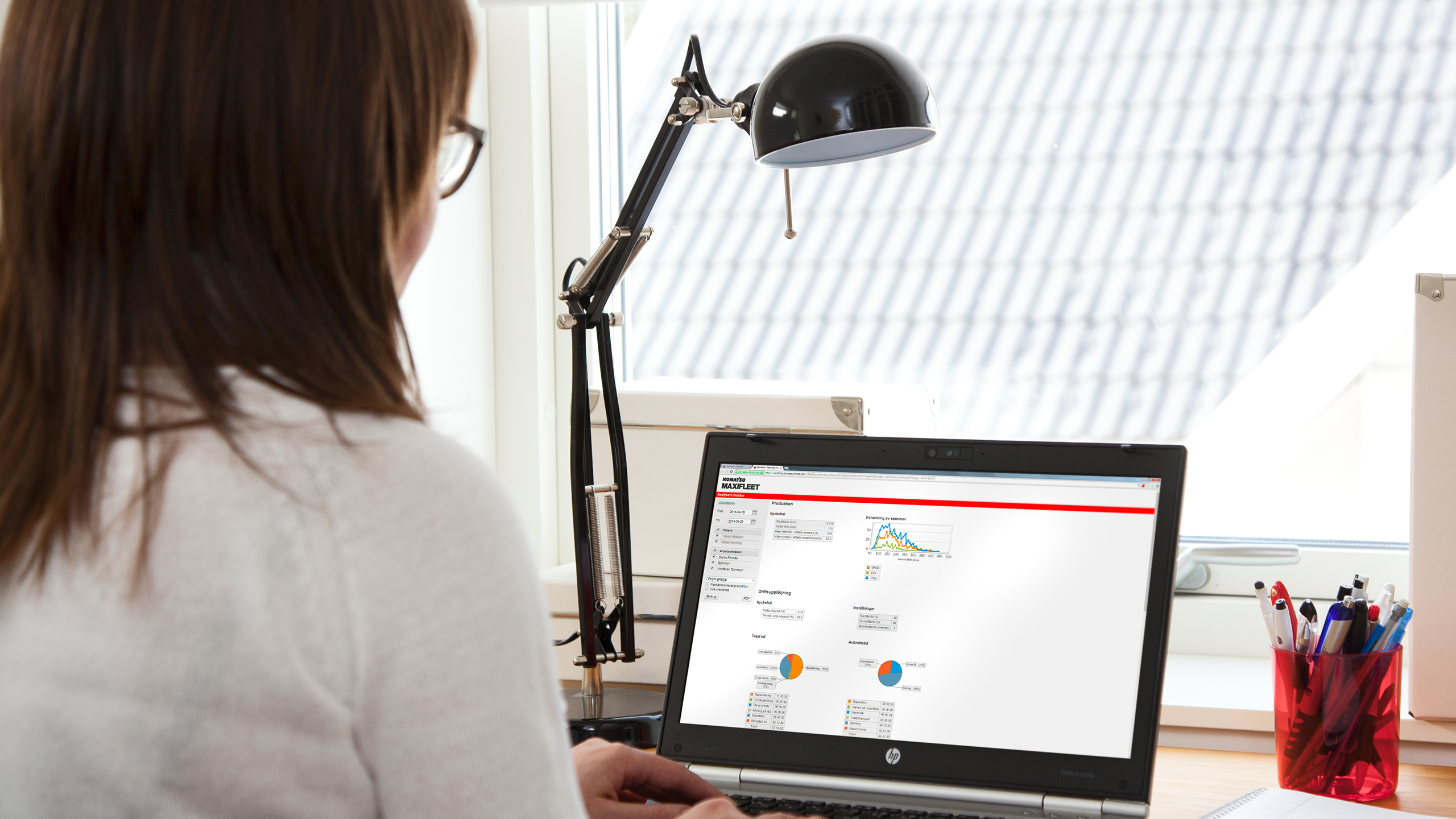 Woman sitting home in front of computer with MaxiFleet